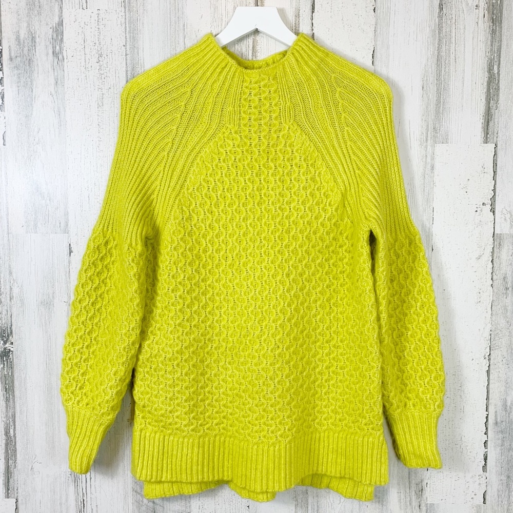 Anthropologie Bia Mock Neck Alpaca Blend Tunic Sweater in Neon Chartreuse XSMALL